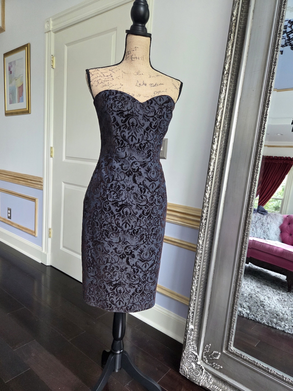 David Meister Strapless Black Dress With Velvet Floral Jacquard 8